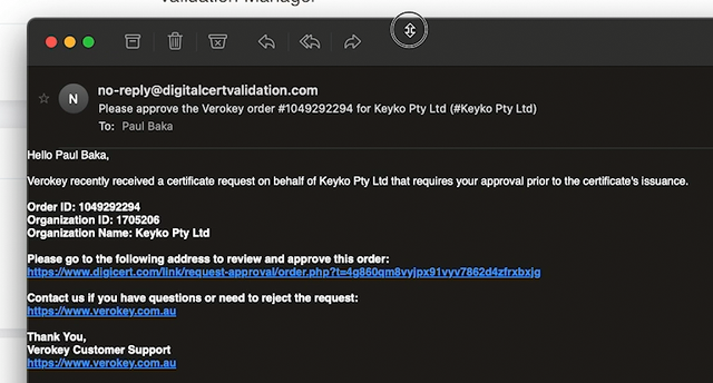 Email to approve code signing certificate order