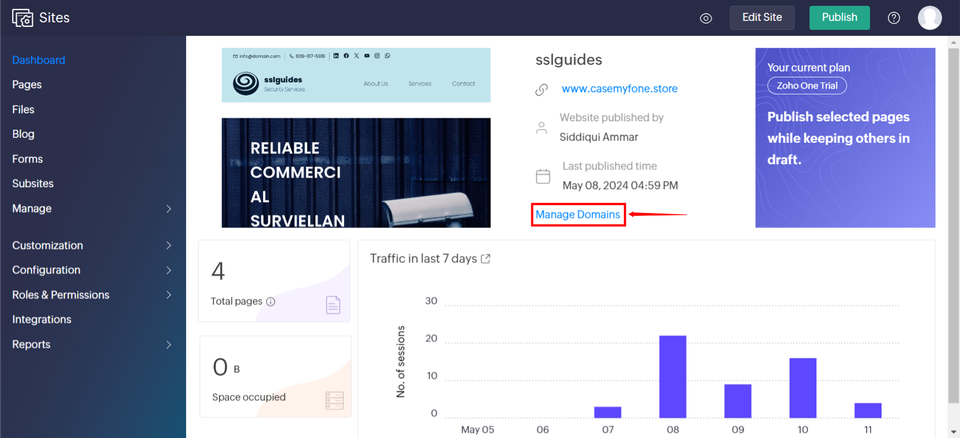 Zoho Sites Dashboard