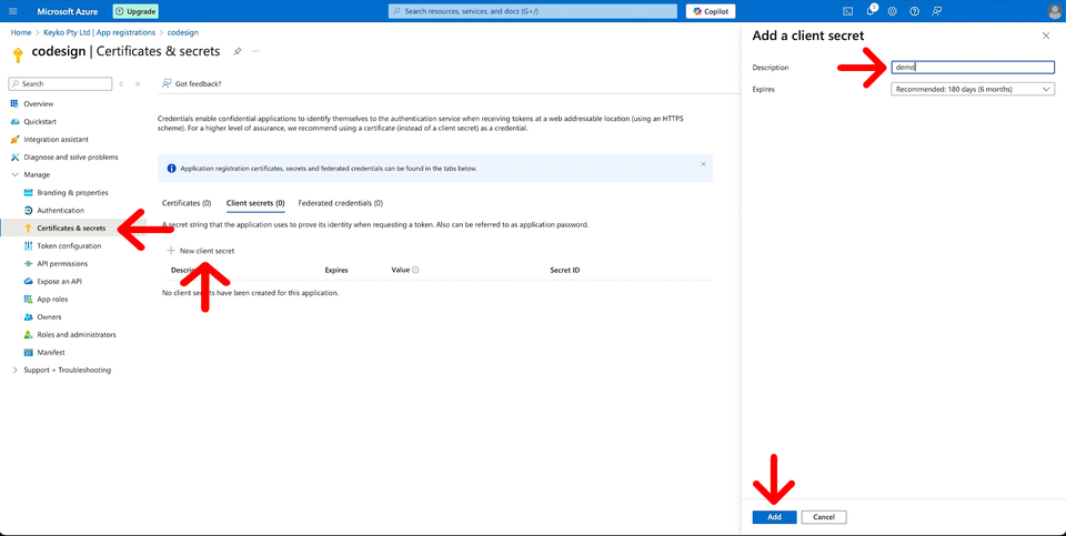 Azure application creating client secret