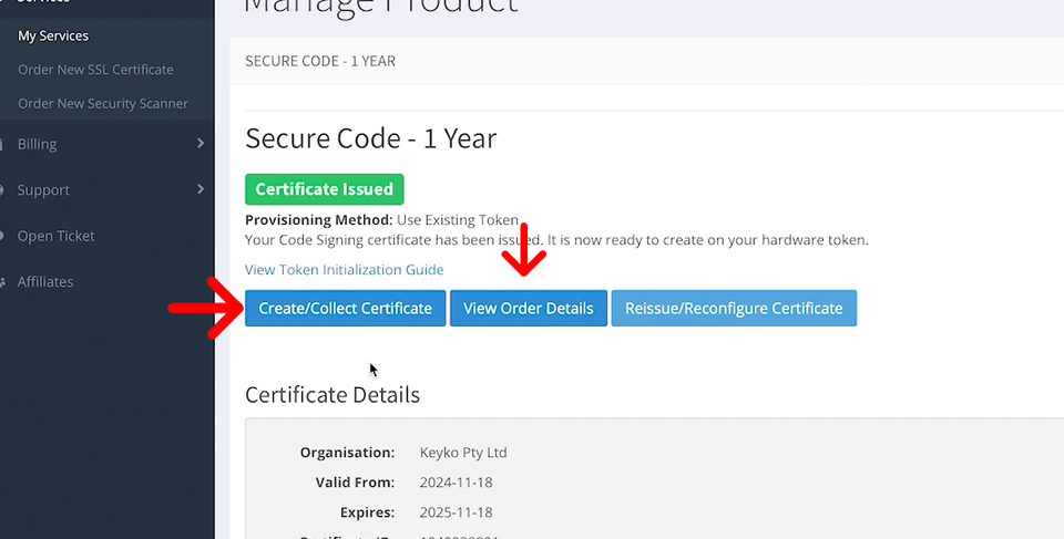 collect code signing certificate