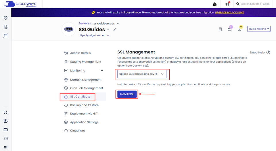 cloudways ssl certificates choose from menu